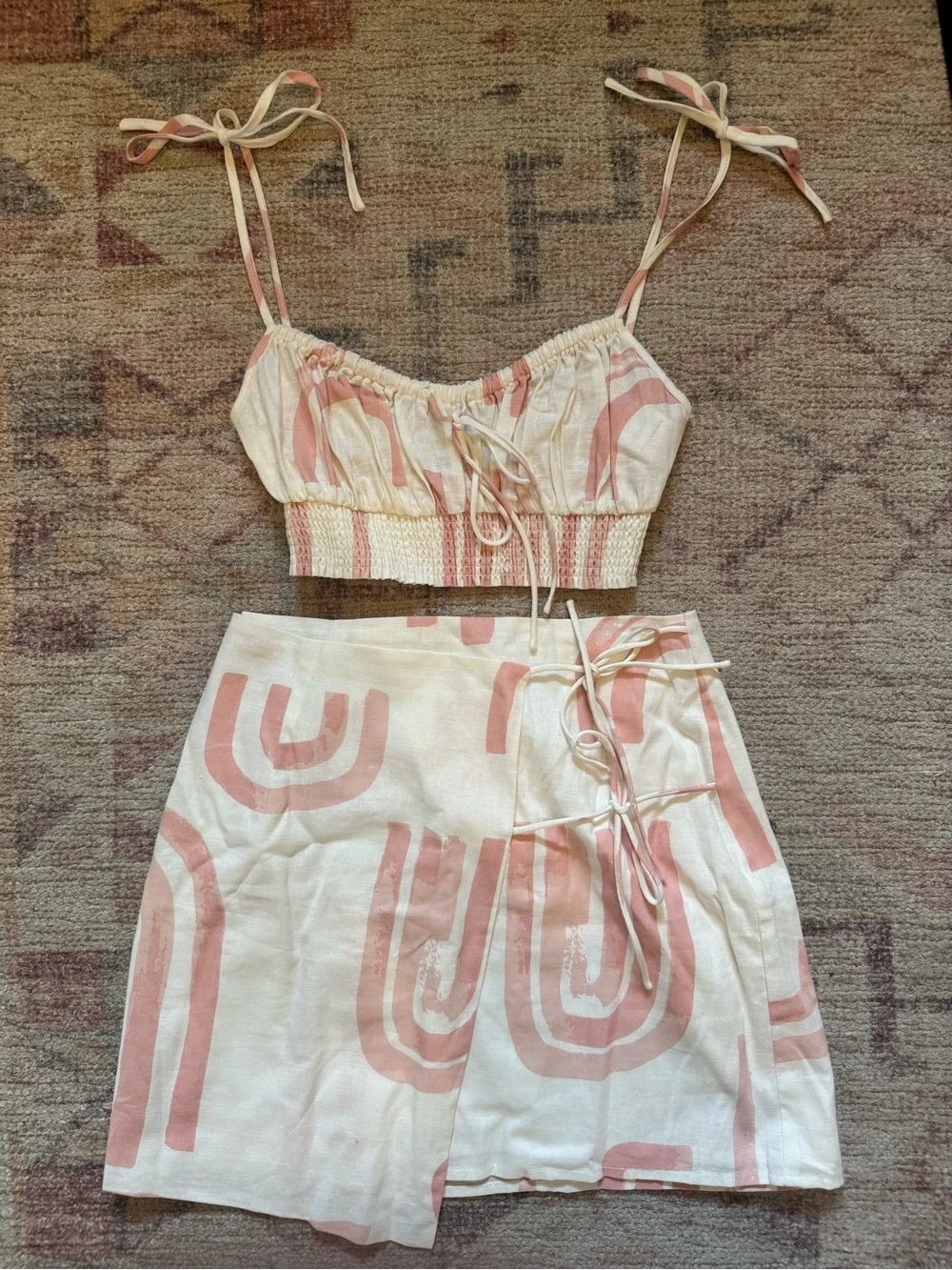 White & Blush Tie-Detail Linen-Blend Skirt Set